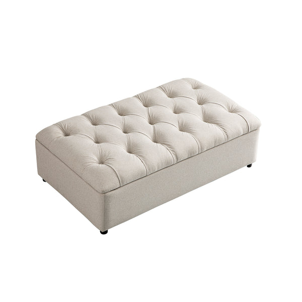Portland Small Double Buttoned Fold-Out Bed in Ottoman, Beige Woven Fabric