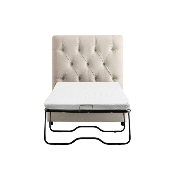 Portland Single Buttoned Fold-Out Bed in Ottoman, Beige Woven Fabric