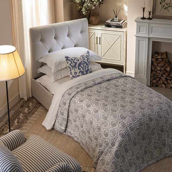 Portland Single Buttoned Fold-Out Bed in Ottoman, Beige Woven Fabric