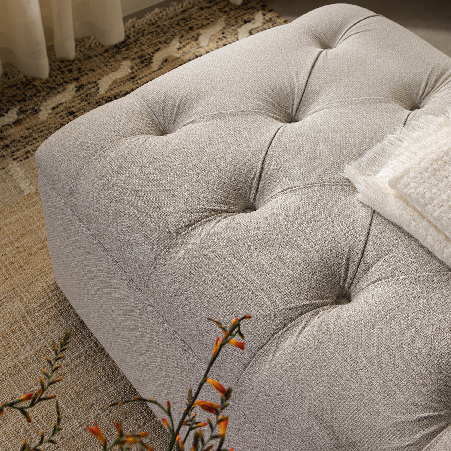 Portland Single Buttoned Fold-Out Bed in Ottoman, Beige Woven Fabric