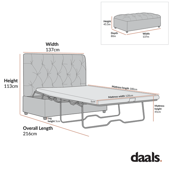 Portland Small Double Buttoned Fold-Out Bed in Ottoman, Beige Woven Fabric