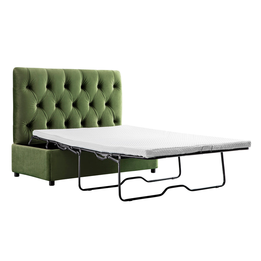 Portland Small Double Buttoned Fold-Out Bed in Ottoman, Moss Green Velvet