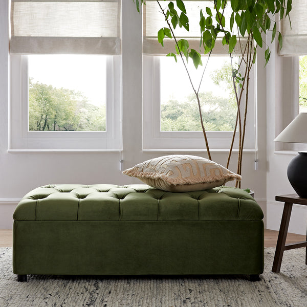 Portland Small Double Buttoned Fold-Out Bed in Ottoman, Moss Green Velvet