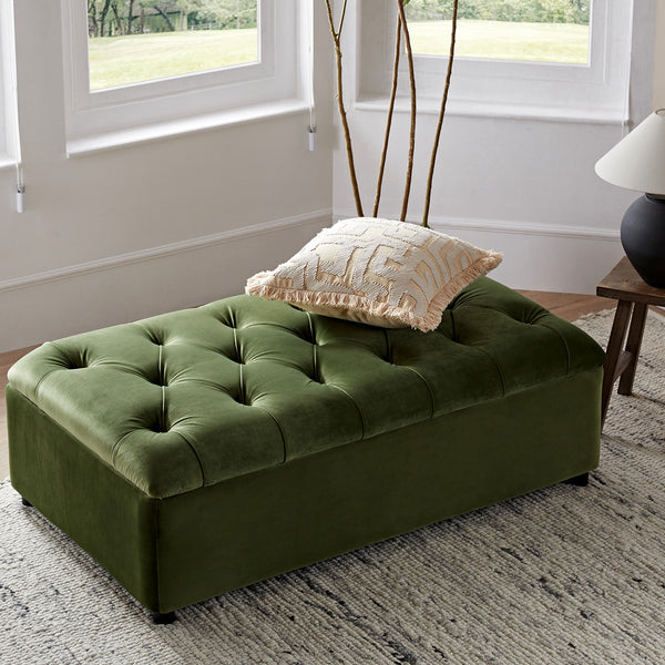 Portland Small Double Buttoned Fold-Out Bed in Ottoman, Moss Green Velvet
