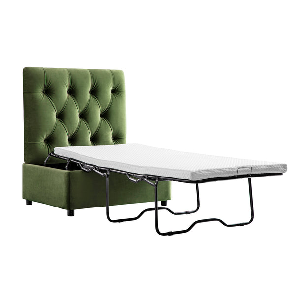 Portland Single Buttoned Fold-Out Bed in Ottoman, Moss Green Velvet