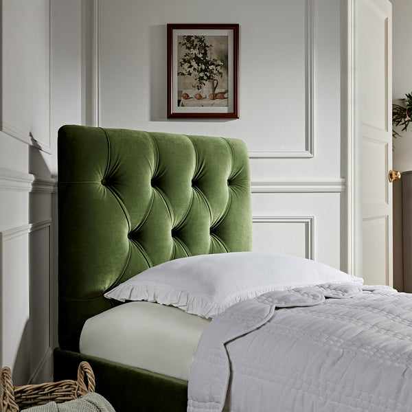 Portland Single Buttoned Fold-Out Bed in Ottoman, Moss Green Velvet