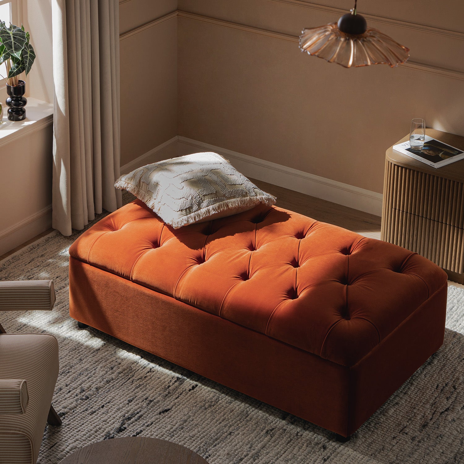 Portland Small Double Buttoned Fold-Out Bed in Ottoman, Rust Velvet