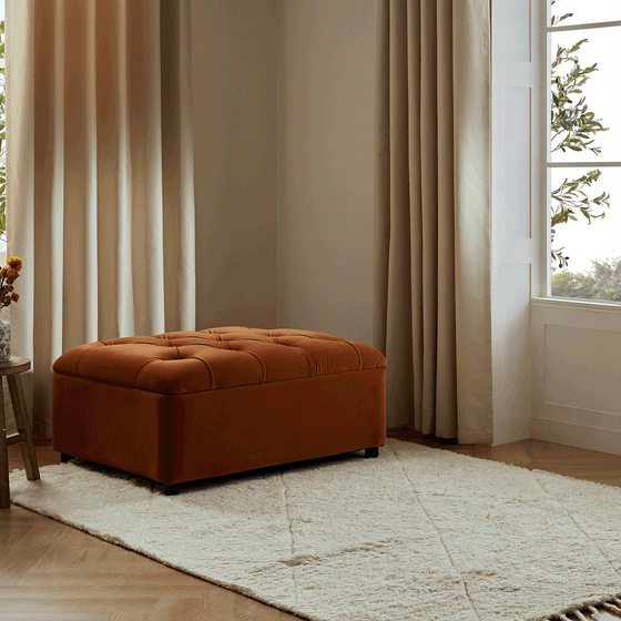 Portland Single Buttoned Fold-Out Bed in Ottoman, Rust Velvet