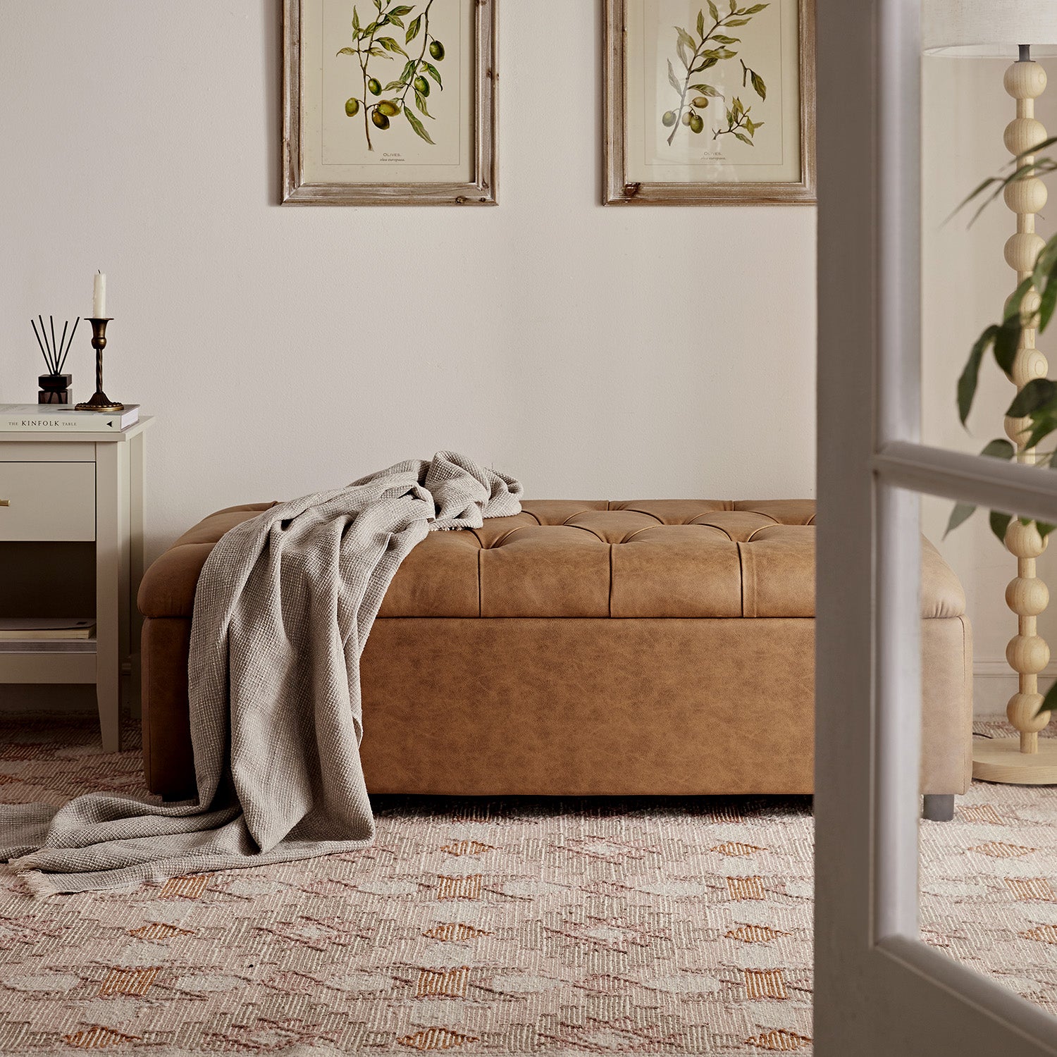 Portland Small Double Buttoned Fold-Out Bed in Ottoman, Tan Faux Suede