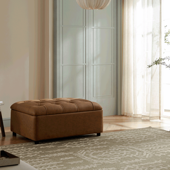 Portland Single Buttoned Fold-Out Bed in Ottoman, Tan Faux Suede