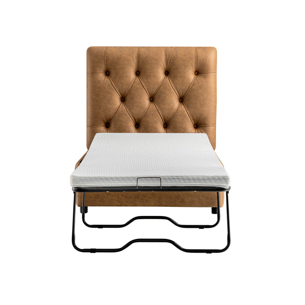 Portland Single Buttoned Fold-Out Bed in Ottoman, Tan Faux Suede