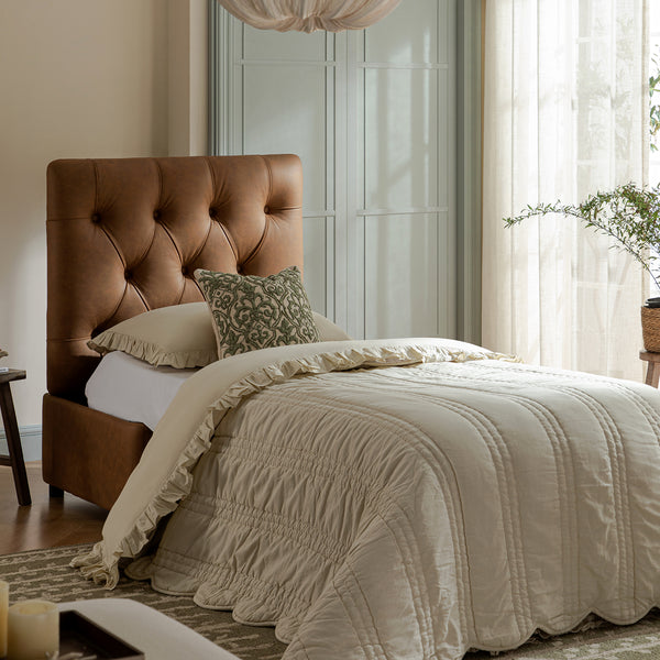 Portland Single Buttoned Fold - Out Bed in Ottoman, Tan Faux Suede - daals