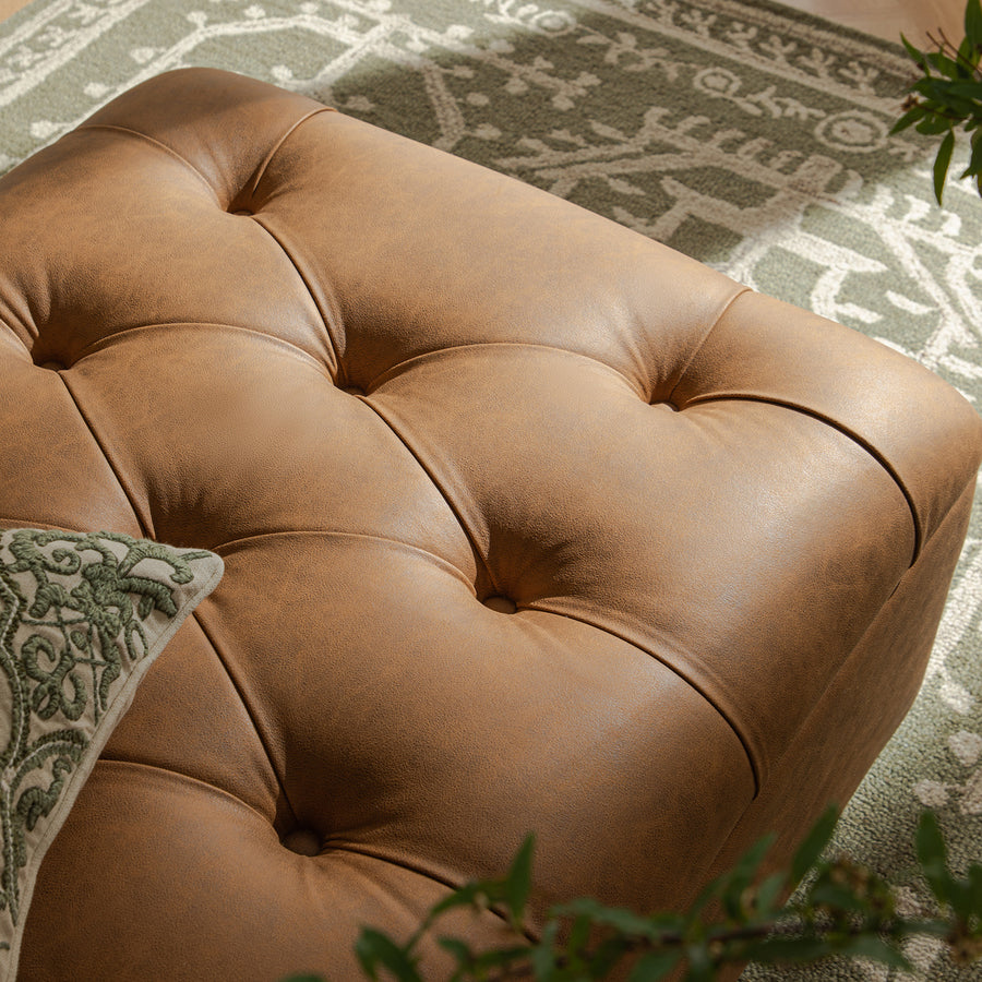 Portland Single Buttoned Fold-Out Bed in Ottoman, Tan Faux Suede
