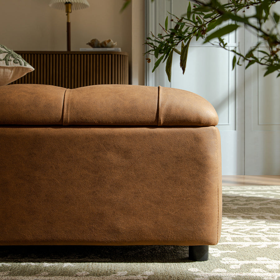 Portland Single Buttoned Fold-Out Bed in Ottoman, Tan Faux Suede