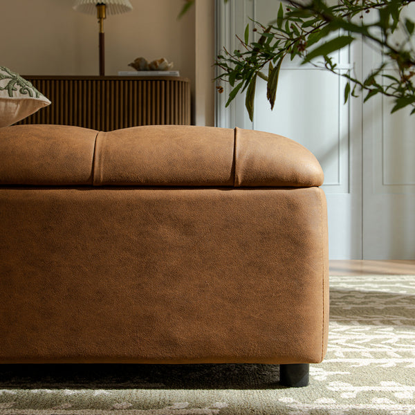Portland Single Buttoned Fold - Out Bed in Ottoman, Tan Faux Suede - daals