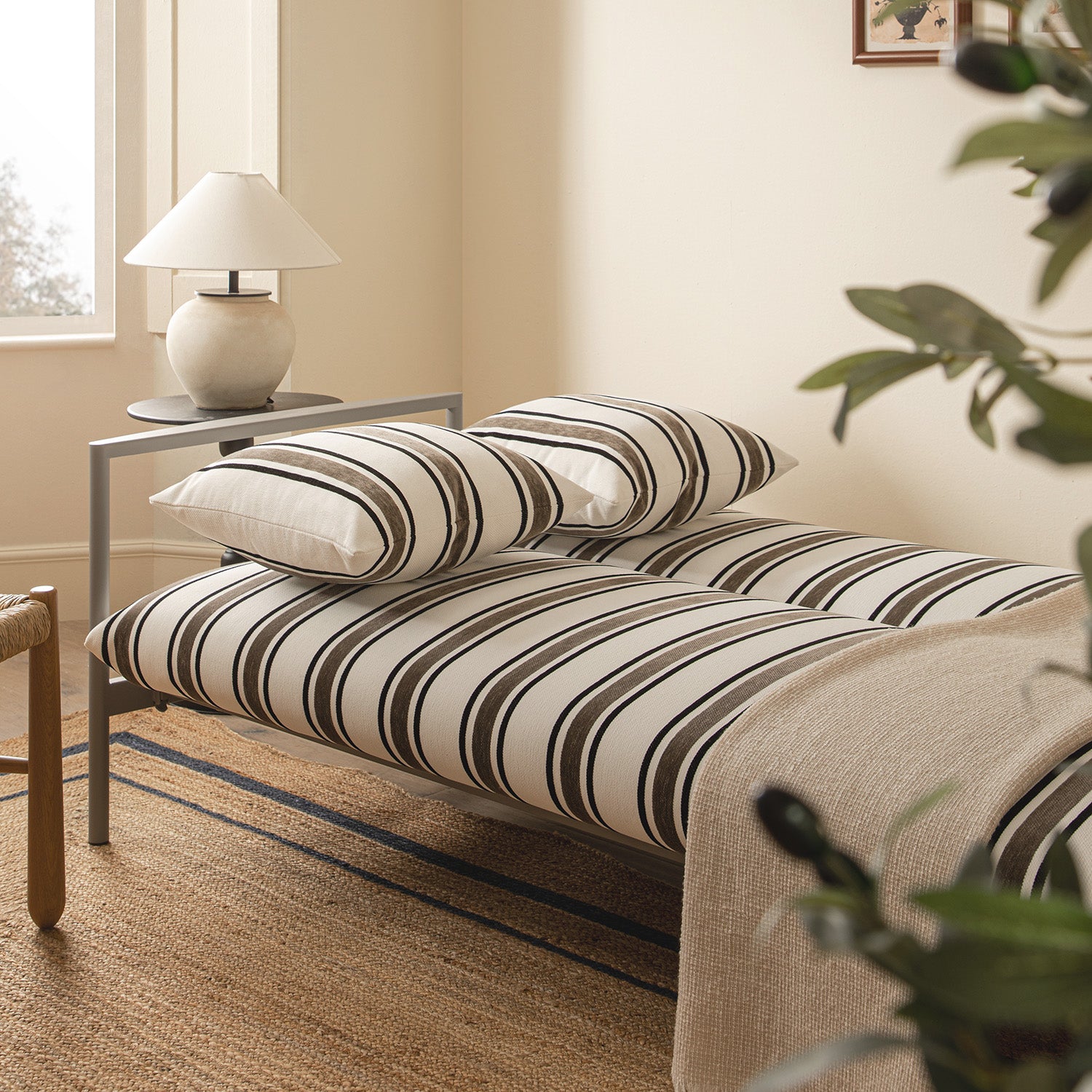 Linea Three Seater Sofa Bed, Taupe Striped Chenille