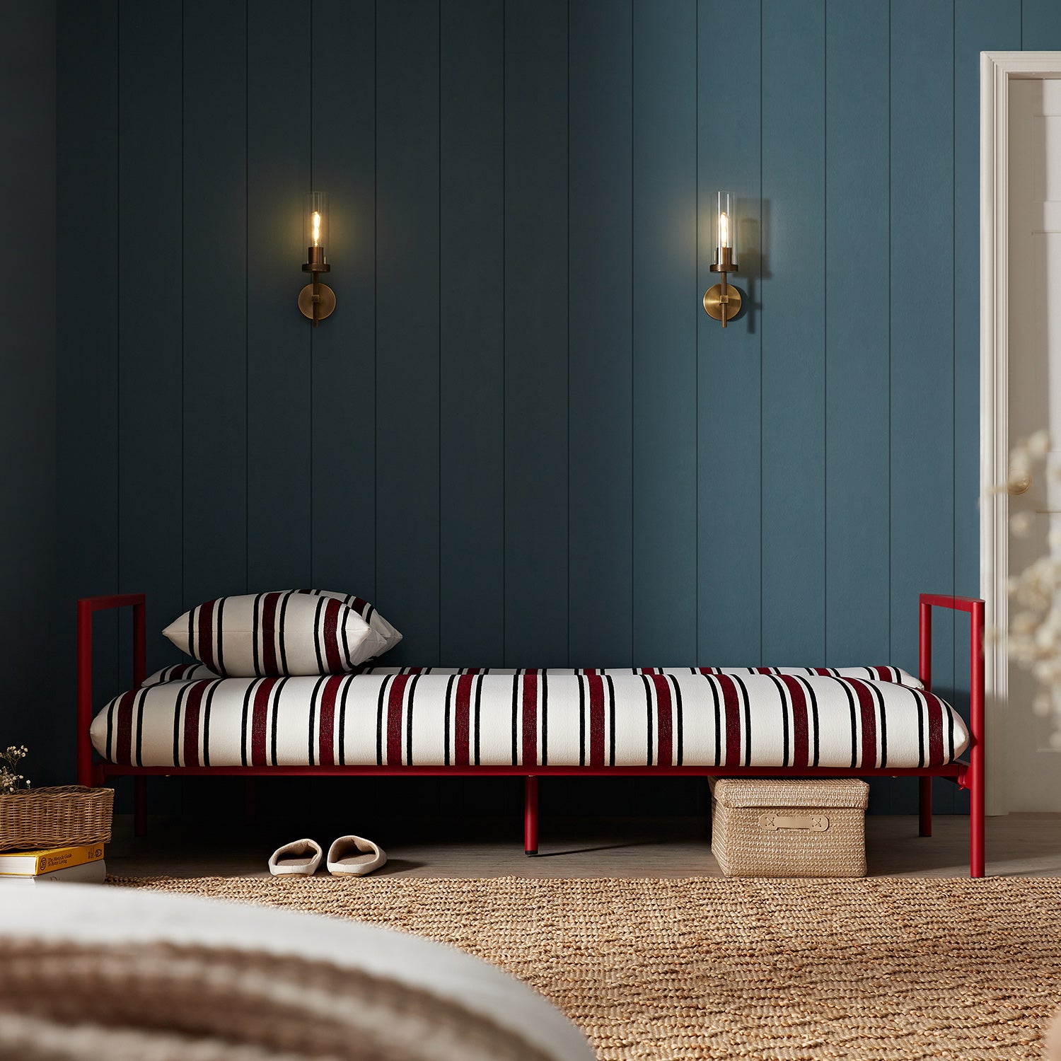 Linea Three Seater Sofa Bed, Maroon Red Striped Chenille