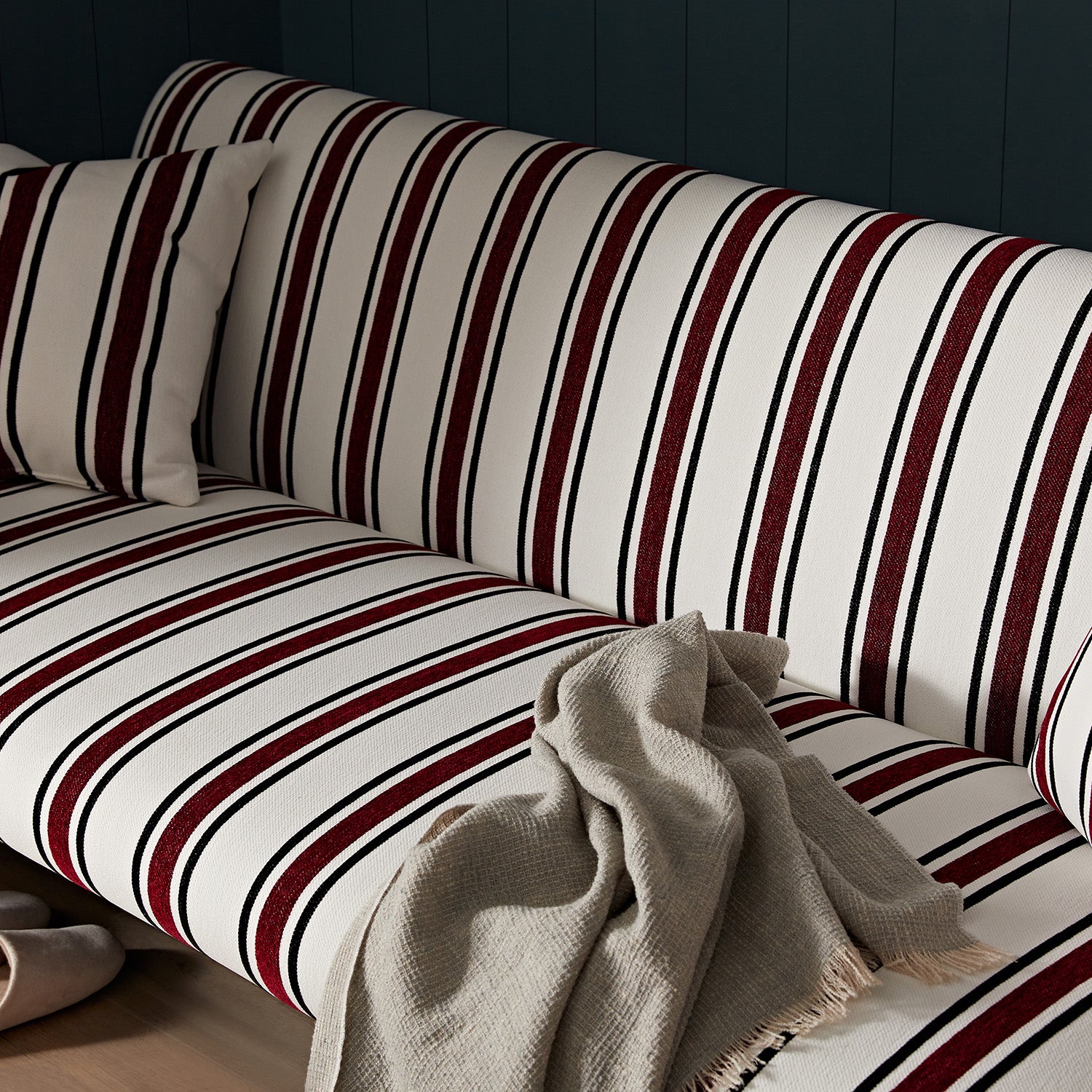 Linea Three Seater Sofa Bed, Maroon Red Striped Chenille