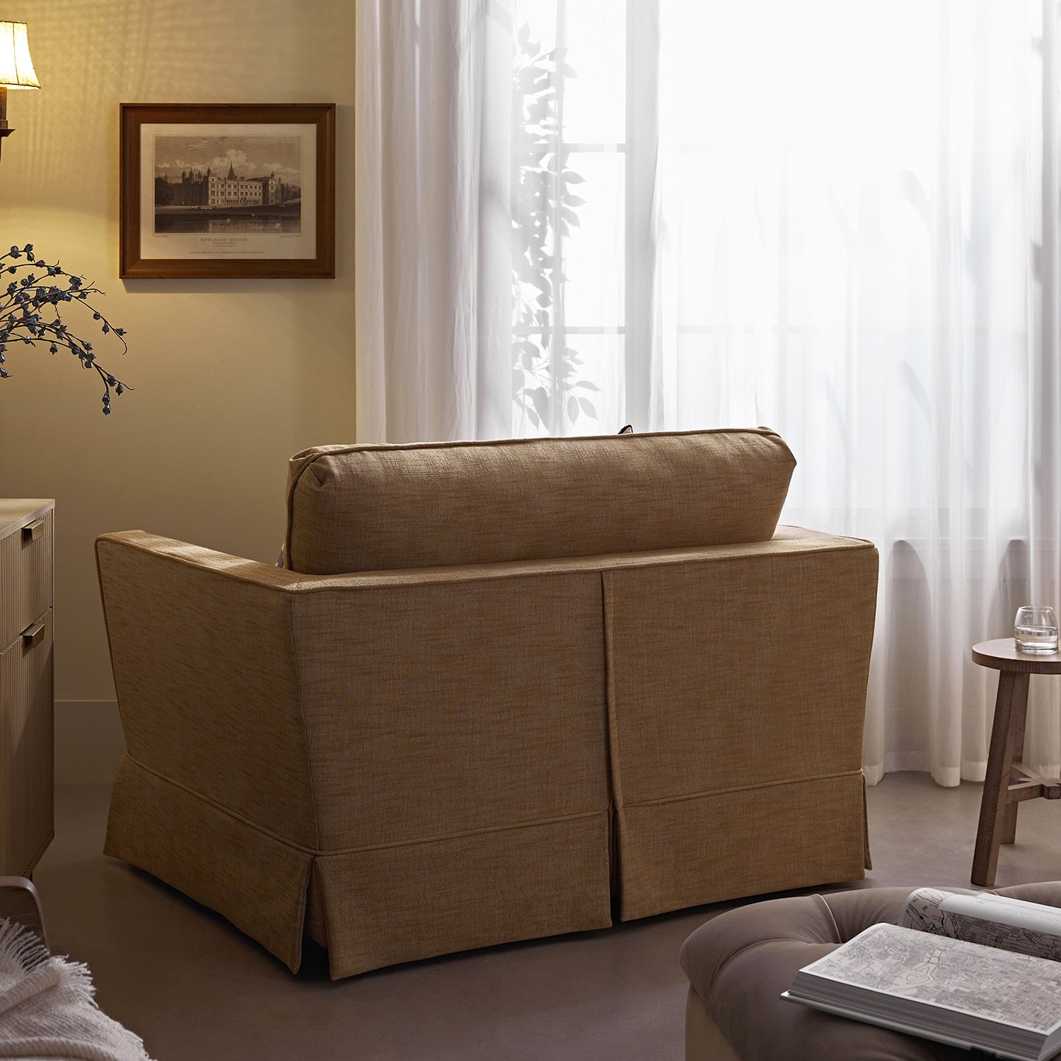 Fitz Skirted Loveseat, Apricot Linen Blend