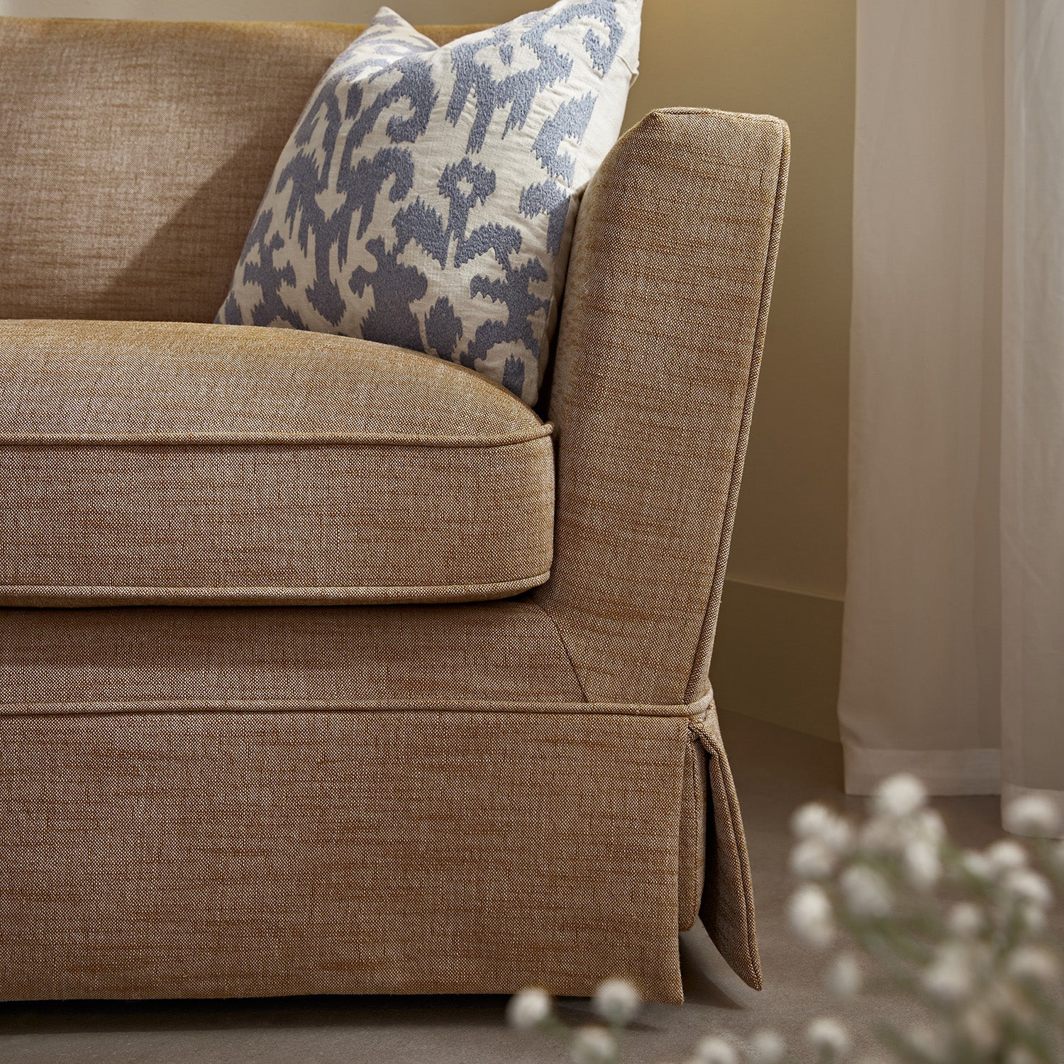 Fitz Skirted Loveseat, Apricot Linen Blend