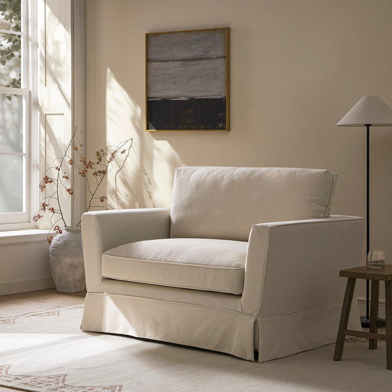 Fitz Skirted Loveseat, Oatmeal Linen Blend