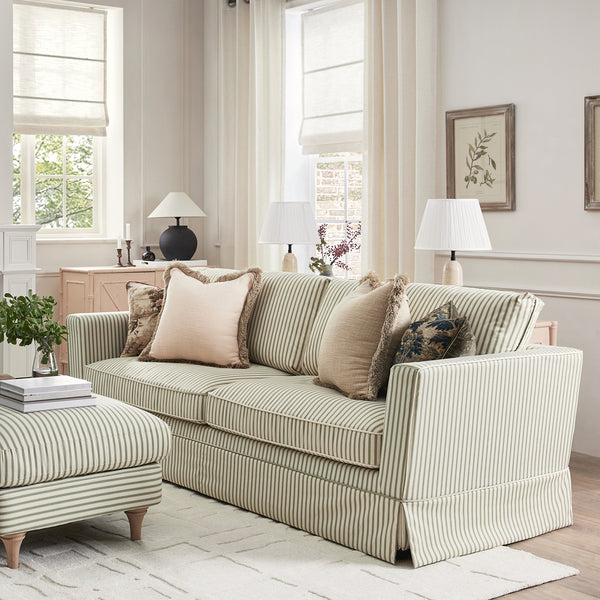 Fitz Skirted Large 3 - Seater Sofa, Sage Striped Linen Blend - daals