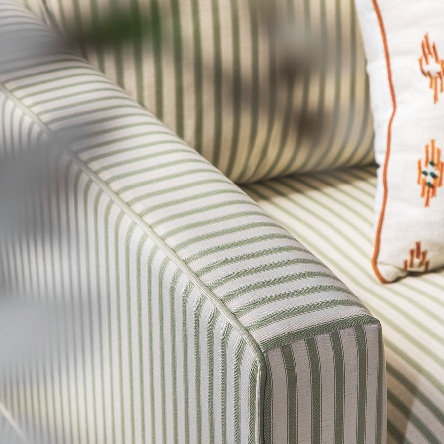 Fitz Skirted Loveseat, Sage Striped Linen Blend - daals