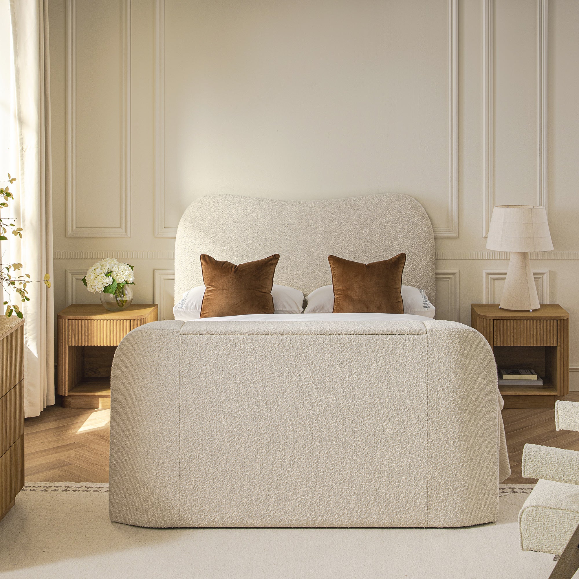 Egerie Curved Headboard Beige Boucle Ottoman TV Bed | daals