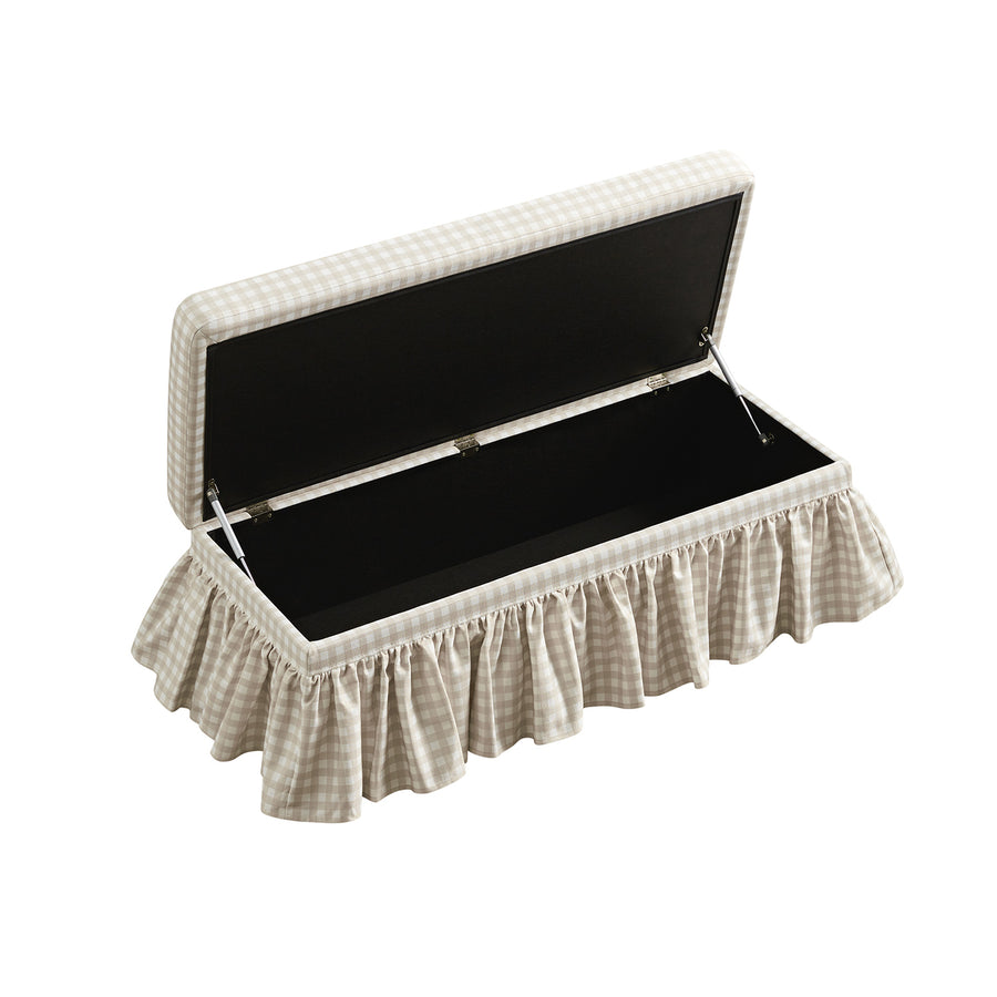 Celeste Ruffled Skirt Upholstered Storage Bench, Beige Gingham