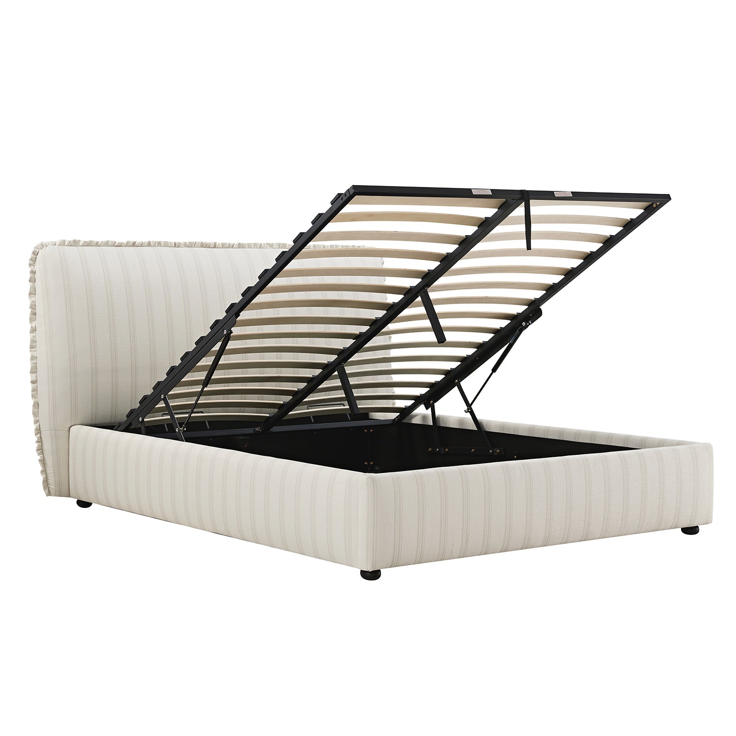 Celeste Upholstered Storage Bed with Ruffled Headboard, Seashell Stripe
