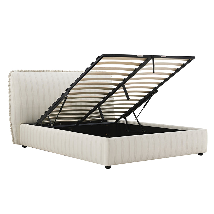 Celeste Upholstered Storage Bed with Ruffled Headboard, Seashell Stripe