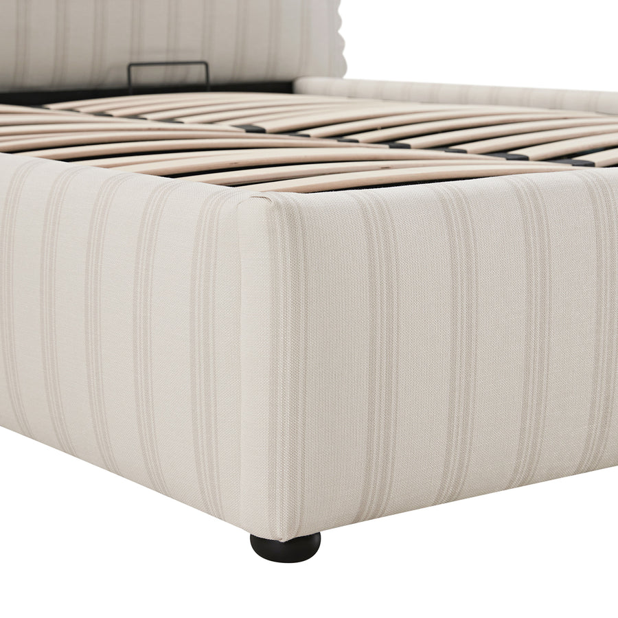 Celeste Upholstered Storage Bed with Ruffled Headboard, Seashell Stripe