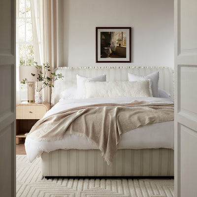 Celeste Upholstered Storage Bed with Ruffled Headboard, Seashell Stripe
