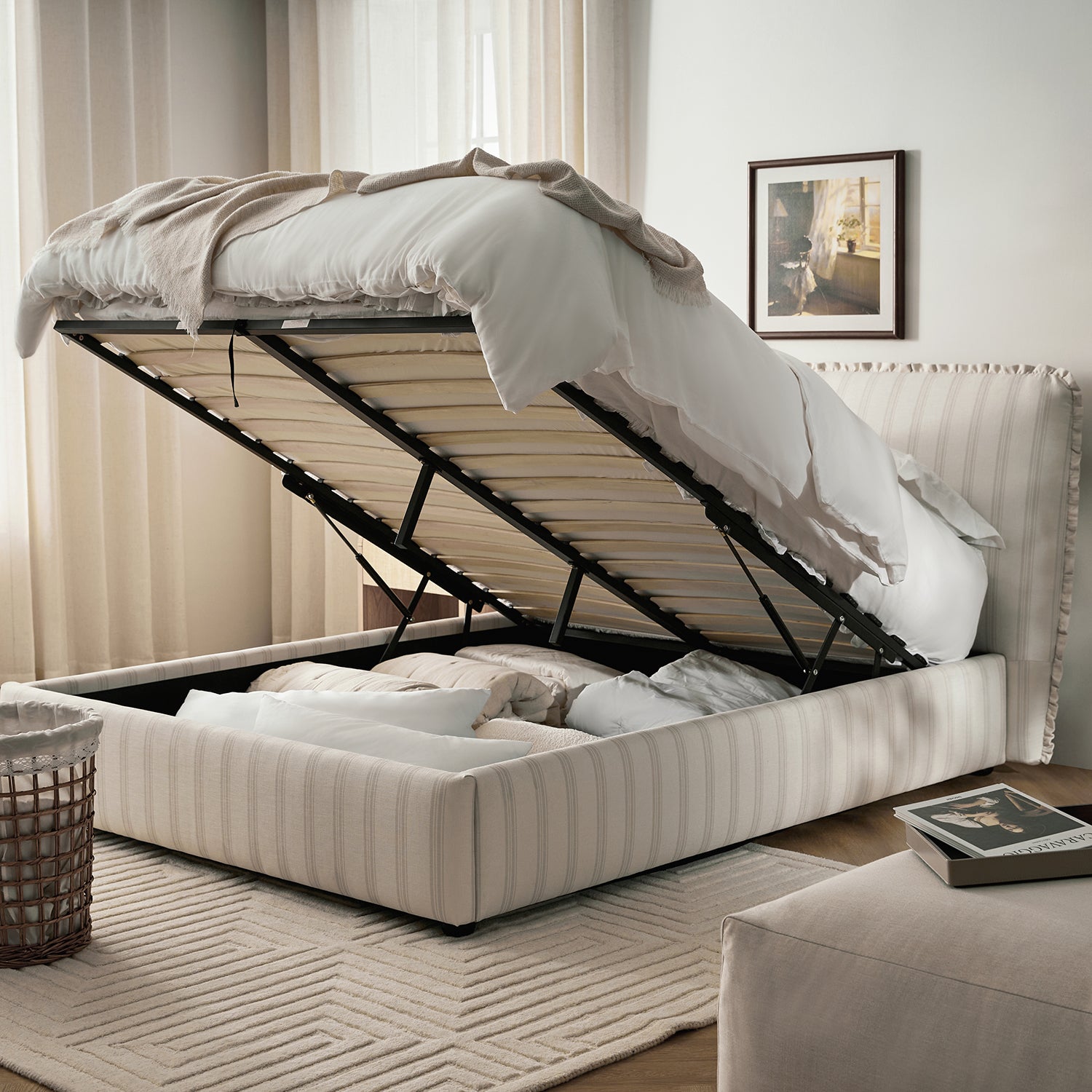 Celeste Upholstered Storage Bed with Ruffled Headboard, Seashell Stripe
