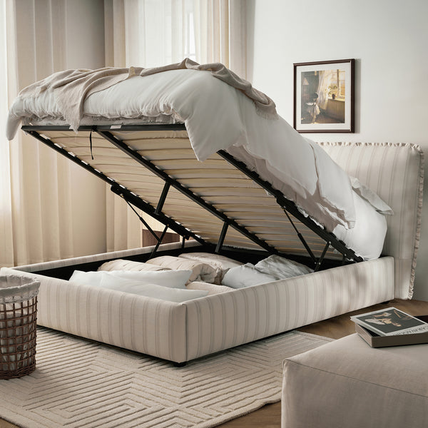 Celeste Upholstered Storage Bed with Ruffled Headboard, Seashell Stripe - daals