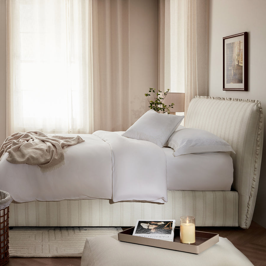 Celeste Upholstered Storage Bed with Ruffled Headboard, Seashell Stripe
