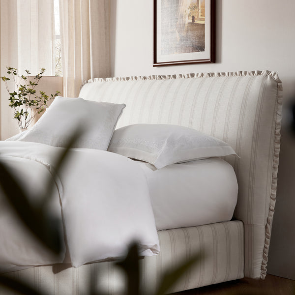Celeste Upholstered Storage Bed with Ruffled Headboard, Seashell Stripe - daals