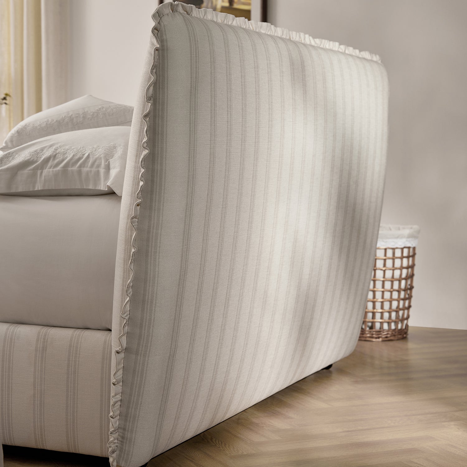 Celeste Upholstered Storage Bed with Ruffled Headboard, Seashell Stripe