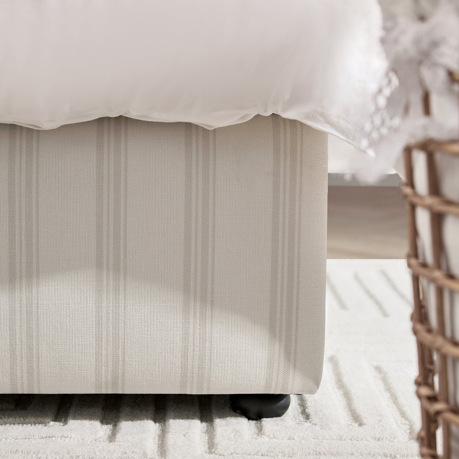 Celeste Upholstered Storage Bed with Ruffled Headboard, Seashell Stripe
