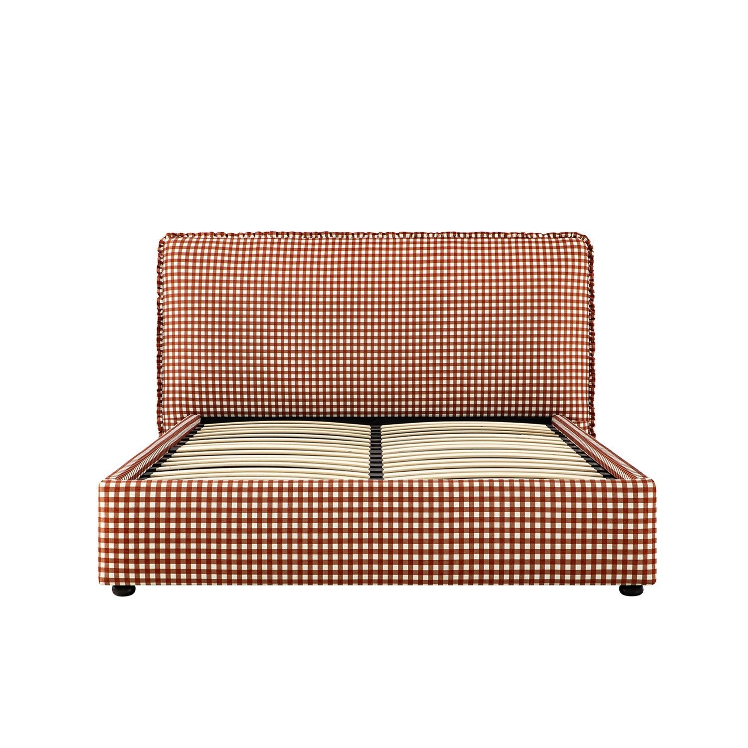 Celeste Upholstered Storage Bed with Ruffled Headboard, Brick Gingham