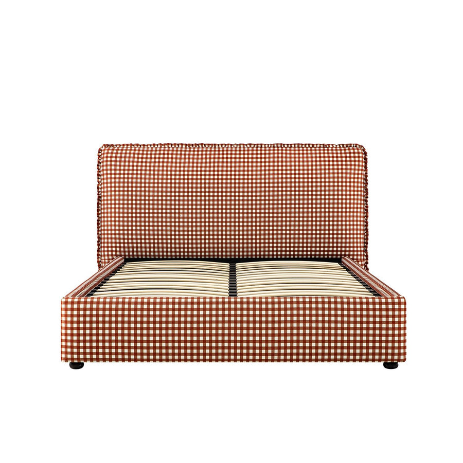 Celeste Upholstered Storage Bed with Ruffled Headboard, Brick Gingham