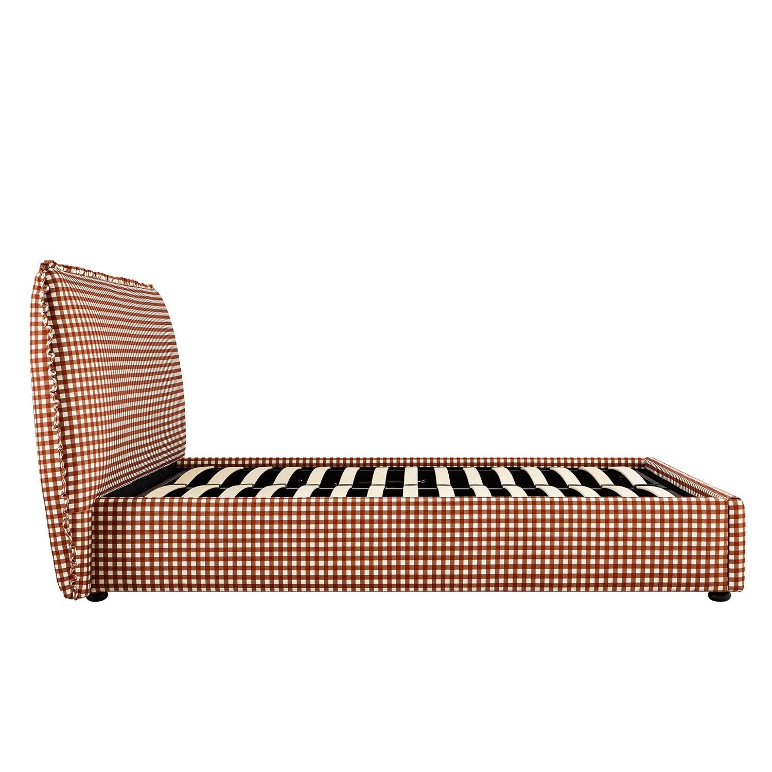 Celeste Upholstered Storage Bed with Ruffled Headboard, Brick Gingham