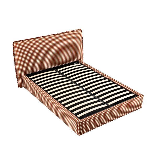 Celeste Upholstered Storage Bed with Ruffled Headboard, Brick Gingham - daals