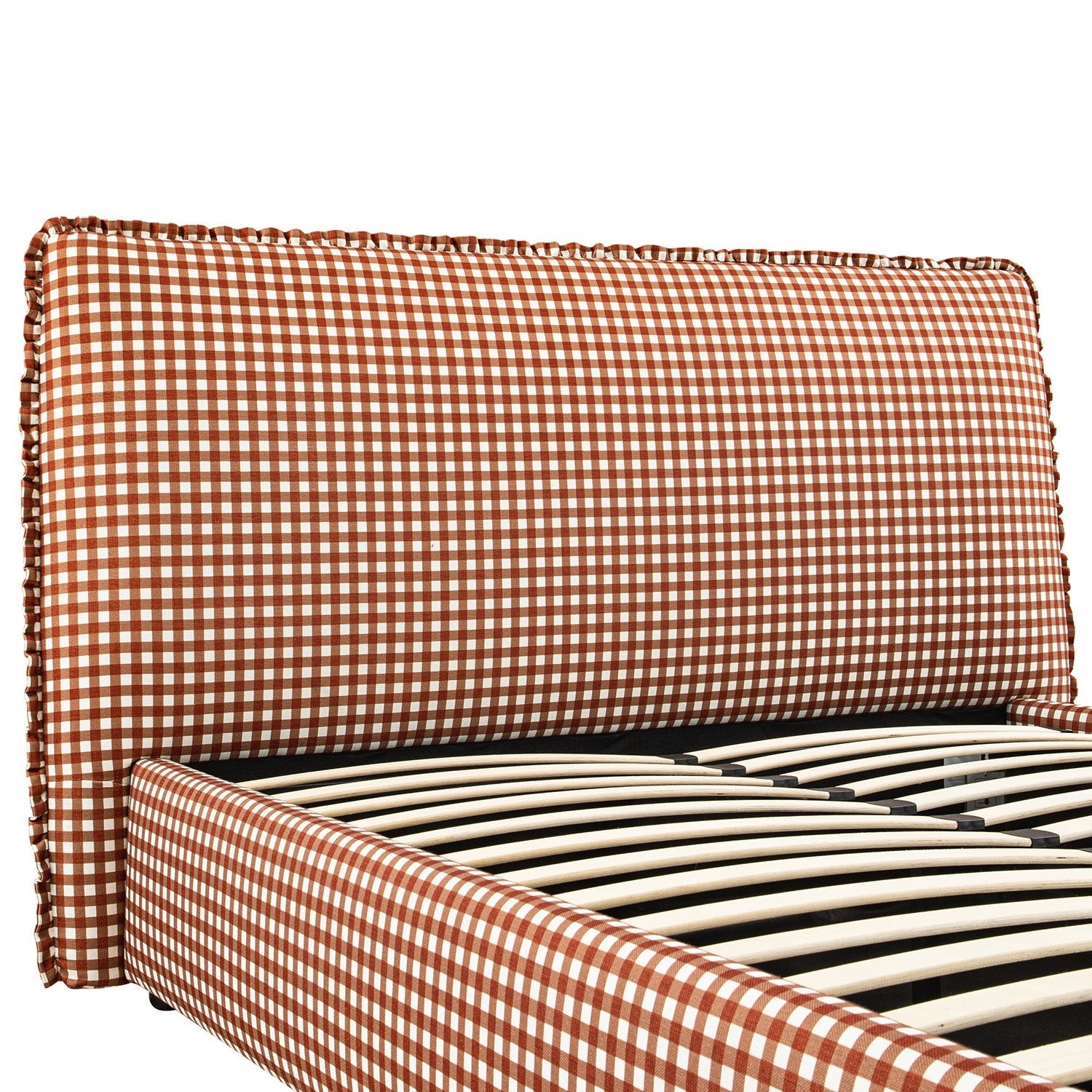 Celeste Upholstered Storage Bed with Ruffled Headboard, Brick Gingham