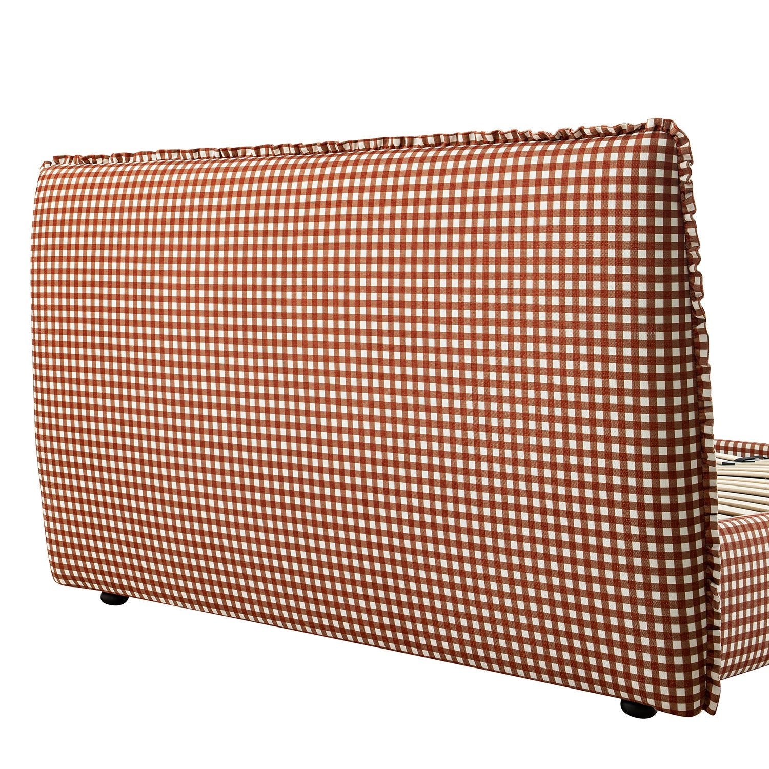 Celeste Upholstered Storage Bed with Ruffled Headboard, Brick Gingham
