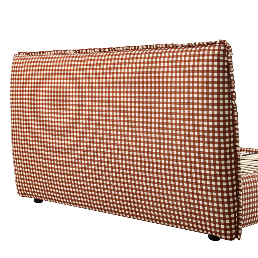 Celeste Upholstered Storage Bed with Ruffled Headboard, Brick Gingham