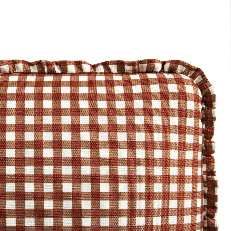 Celeste Upholstered Storage Bed with Ruffled Headboard, Brick Gingham