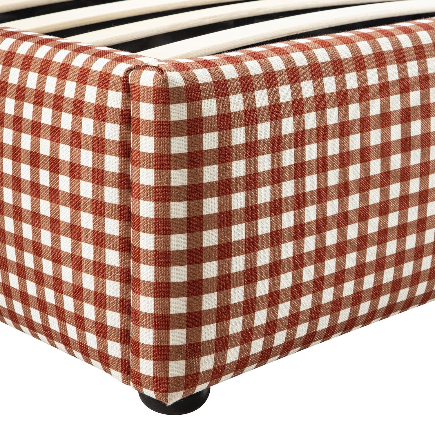 Celeste Upholstered Storage Bed with Ruffled Headboard, Brick Gingham
