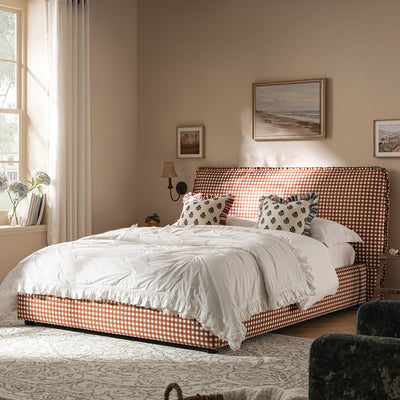 Celeste Upholstered Storage Bed with Ruffled Headboard, Brick Gingham