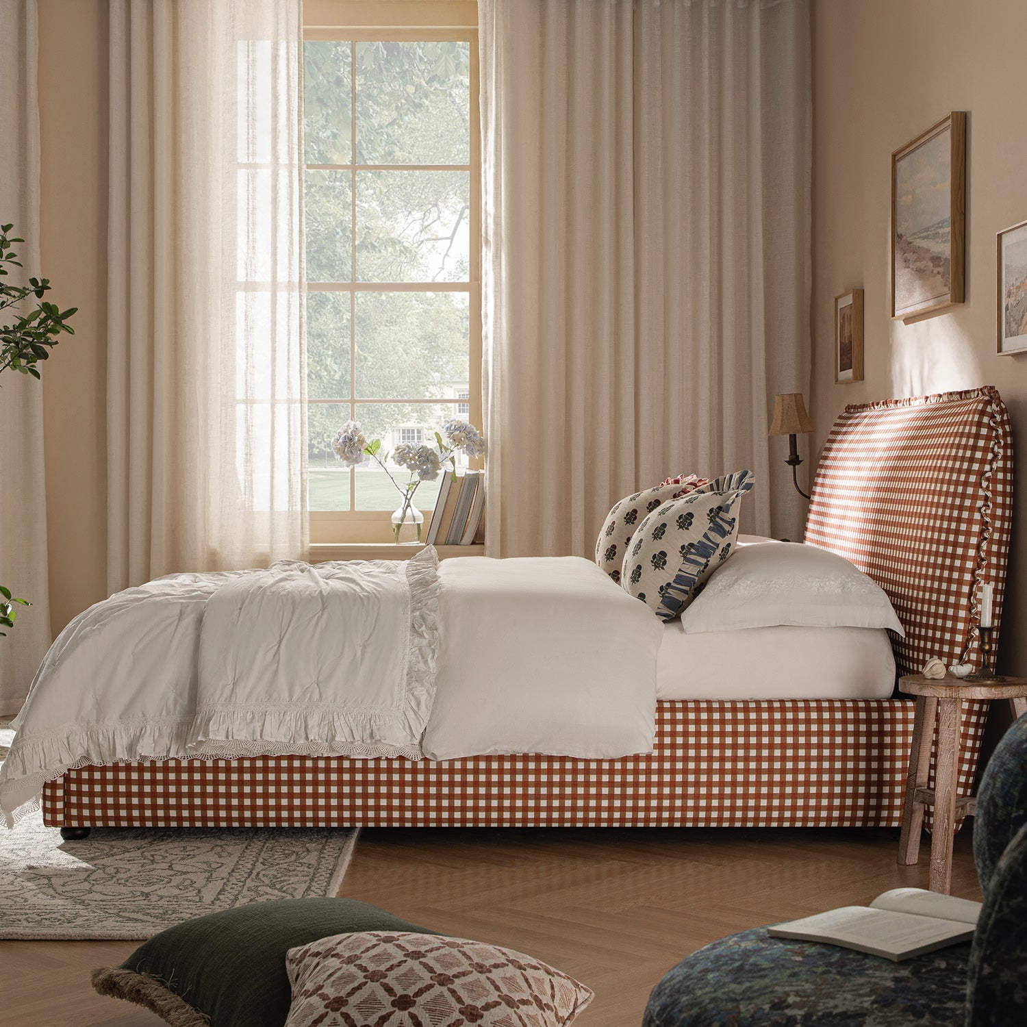 Celeste Upholstered Storage Bed with Ruffled Headboard, Brick Gingham